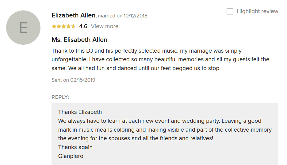 Wedding review to Romadjpianobar Dj Service by Elisabeth Allen, married in italy 