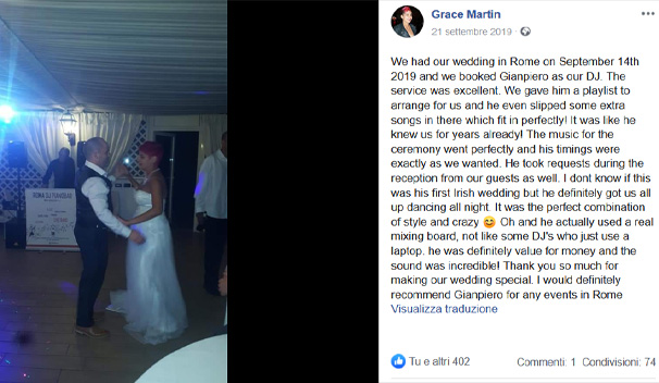 Grace Martin wedding review Dj Gianpiero Fatica Italy