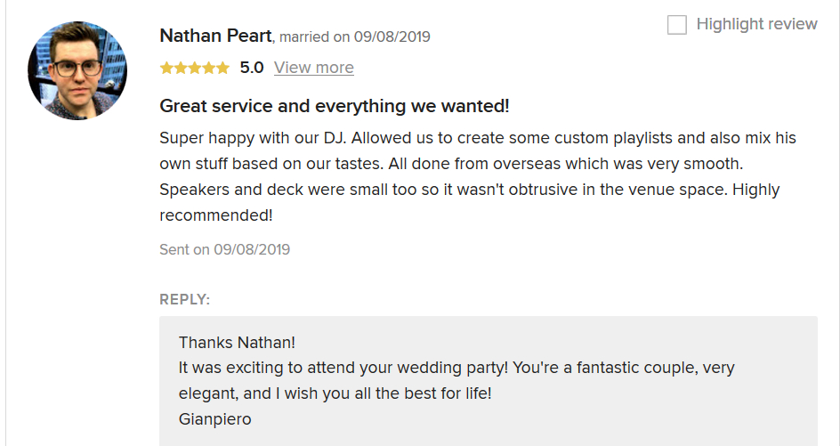 Review from Nathan Pearth on Weddingwire for the dj service in Italy of DJ Gianpiero Fatica